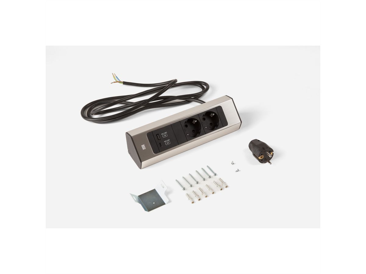 BACHMANN CASIA 2 2xCEE7/3 1xUSB A/C 22W 2,0m AEH Edelstahl-Optik