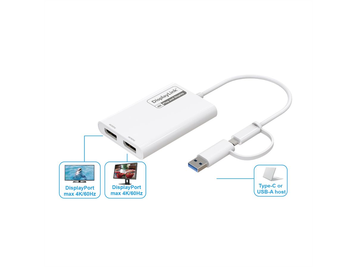 ROLINE Multi-DisplayLink Adapter USB Typ A+C - 2x DP, 4K