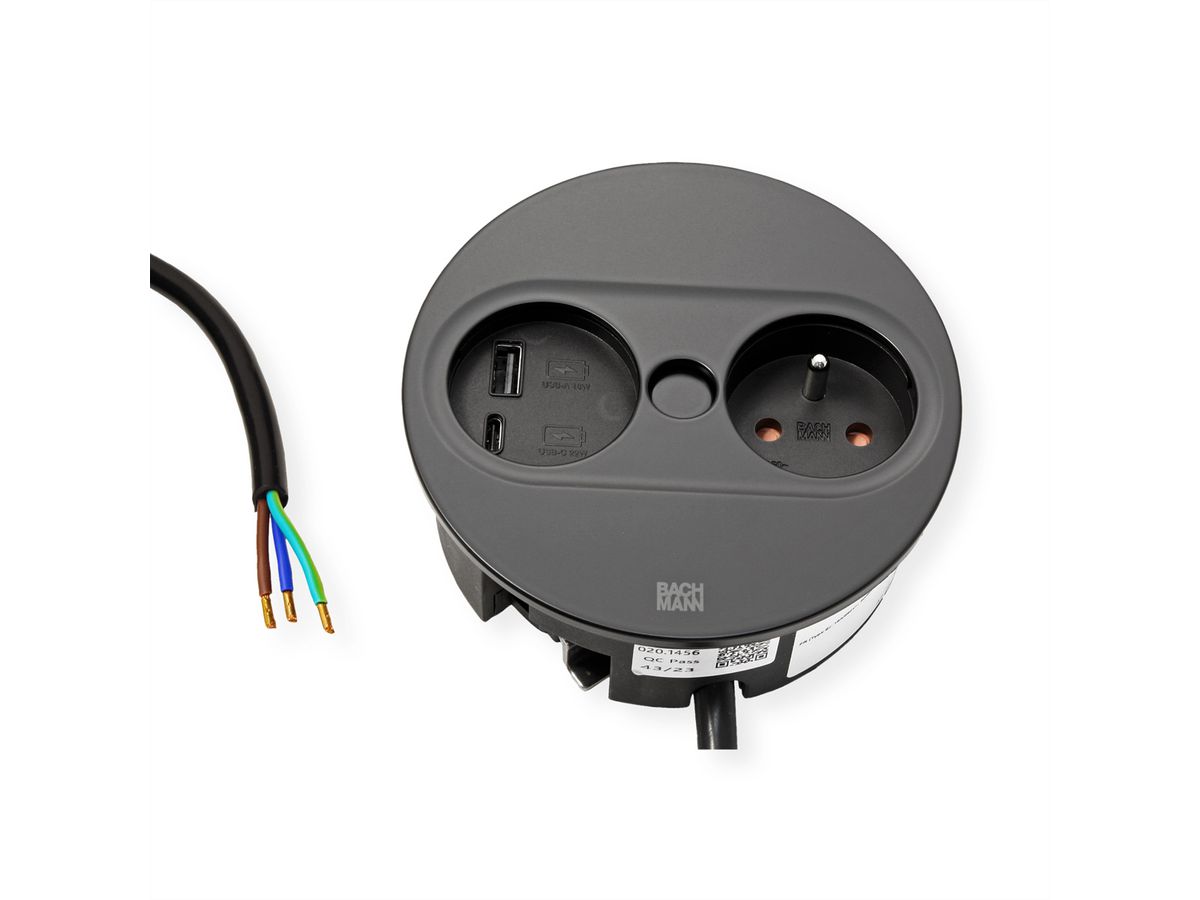 BACHMANN TWIST 2 1xUTE 1xUSB A/C 22W 2,0m AEH RAL9005 30GE rund