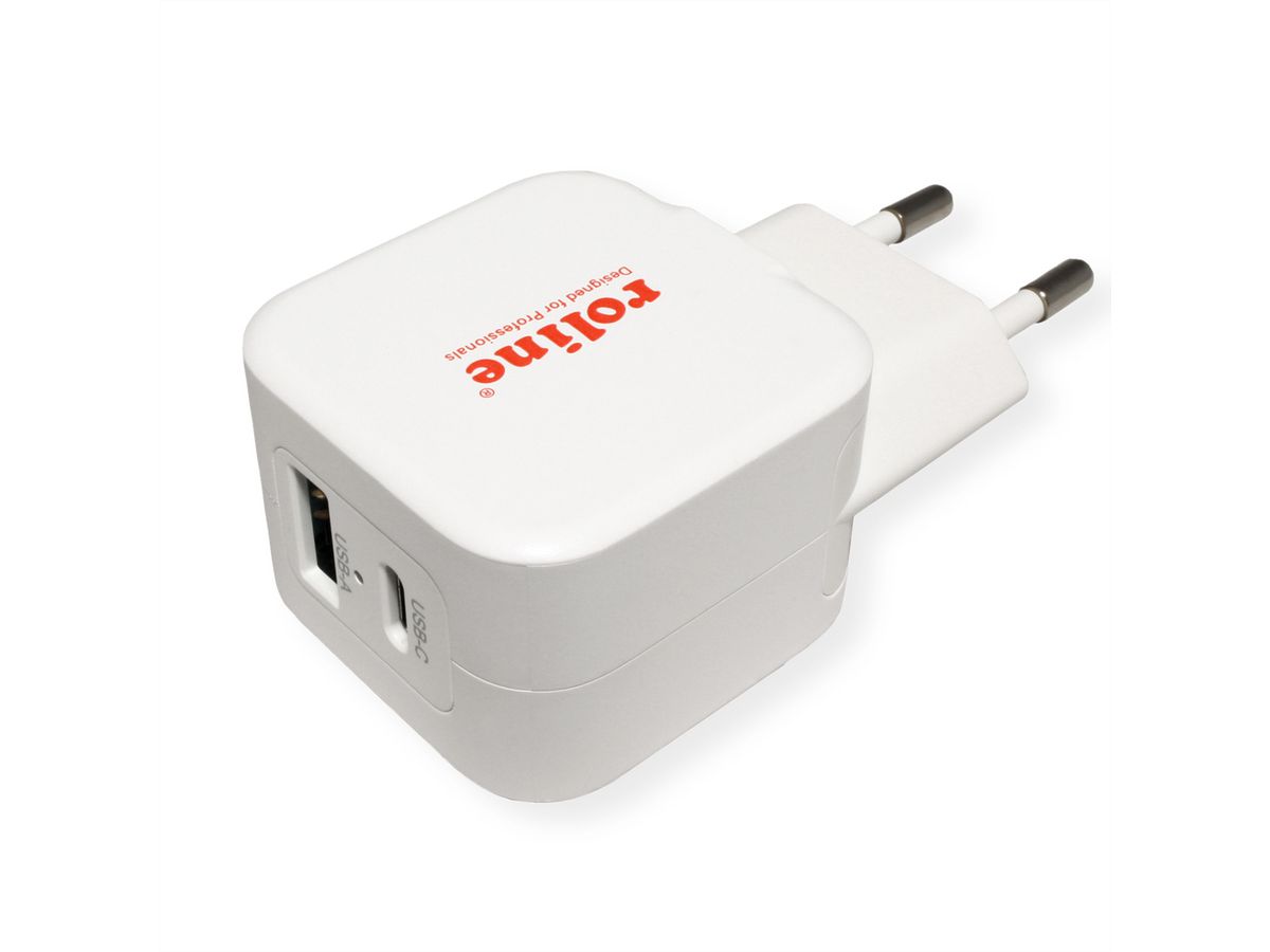 ROLINE USB Charger mit Euro-Stecker, 2 Port (Typ-A QC3.0, Typ-C PD), 20W