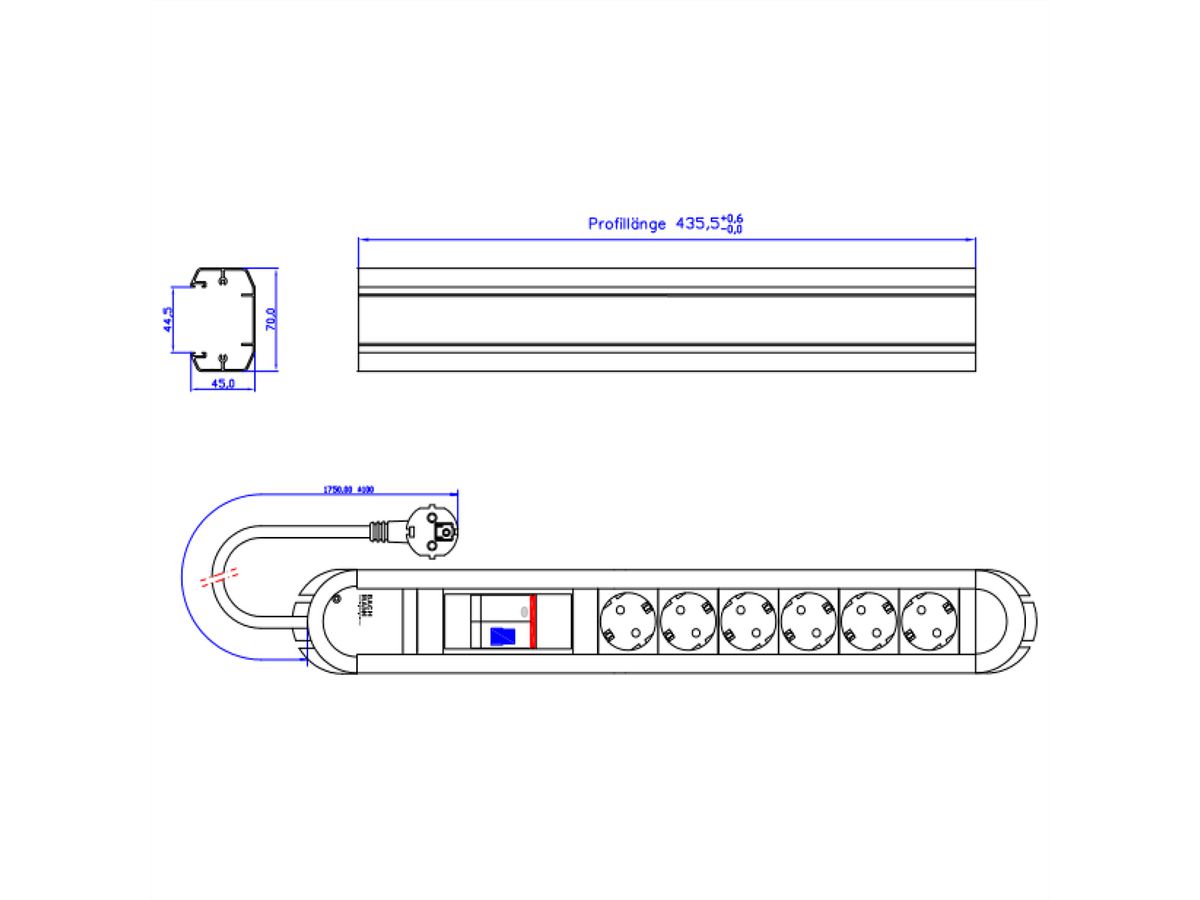 BACHMANN PRIMO RCD Steckdosenleiste 6x Schutzkontakt 1xRCD Schutz, Aluminium, 2 m