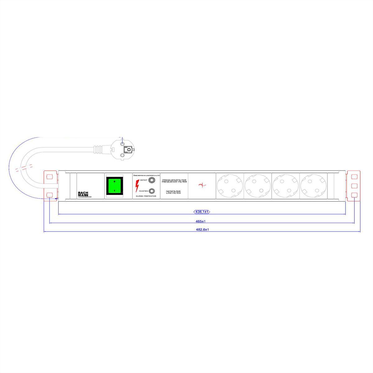 BACHMANN 19" PDU 1,5HE 4xCEE7/3 GVS, Schalter, Gerätevollschutz