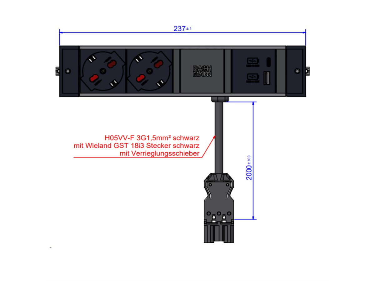 BACHMANN DESK RAIL 2xP40 1xUSB A&C, 2,0m GST18 Italia