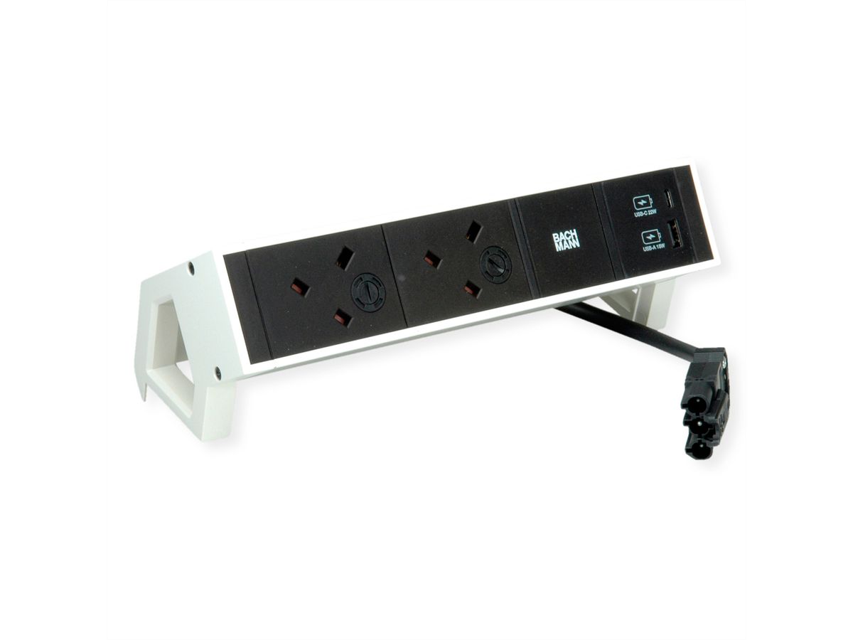BACHMANN DESK2 2xUK 1xUSB A/C 22W, 0,2m GST18 RAL9010 United Kingdom