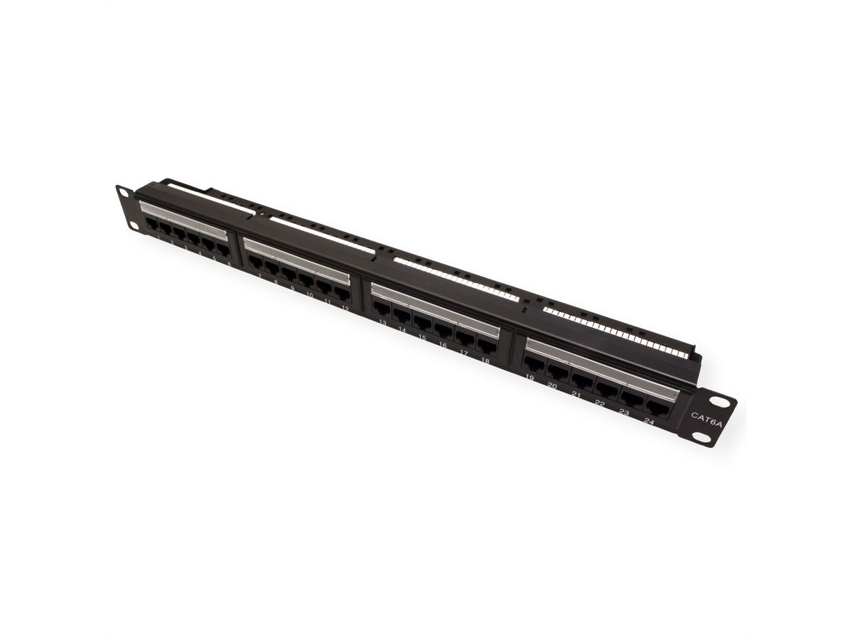 19"-Verteiler MPP24, 1 HE, Kat.6A (Class EA) (ISO/IEC), 24 Ports, RAL 9005 Tiefschwarz