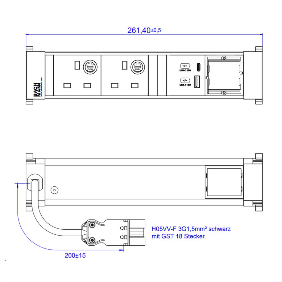 BACHMANN POWER FRAME M 2xUK USB A&C 22W, 1xCM 0,2m GST18 United Kingdom