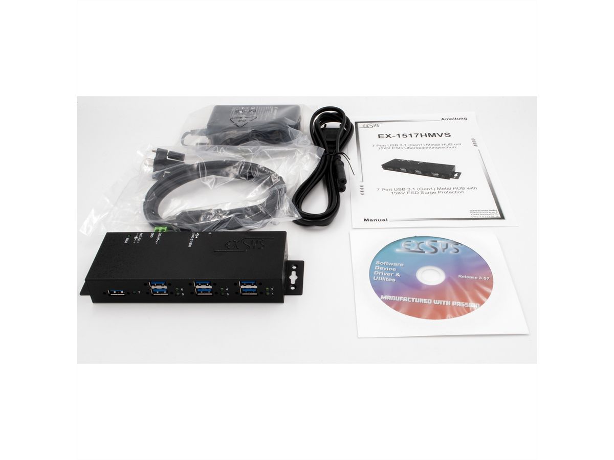 EXSYS EX-1517HMVS 7 Port Managed USB 3.2 Gen1 Metall HUB mit 15KV EDS Überspannungs-Schutz