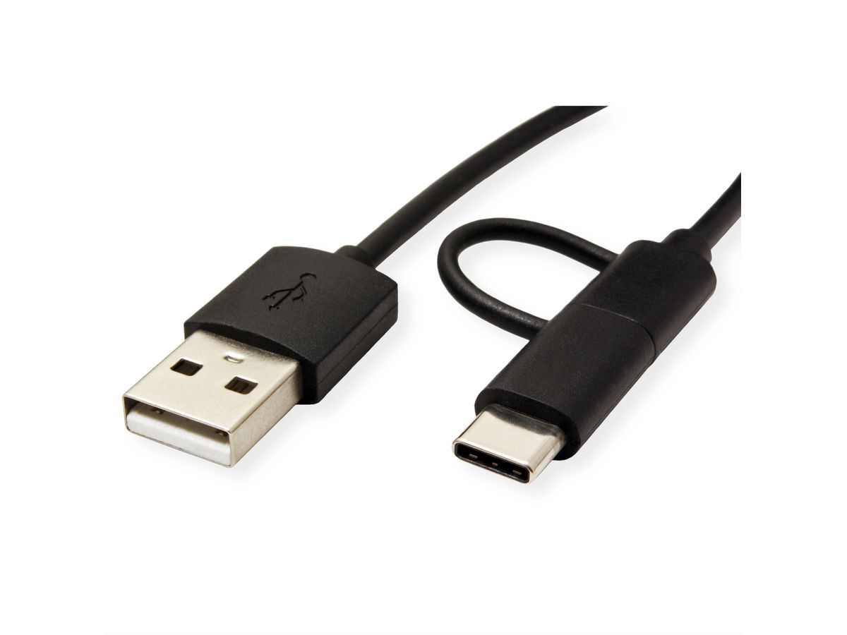 ROLINE USB 2.0 Sync- & Ladekabel Typ A - Typ C / Micro B, schwarz, 1 m