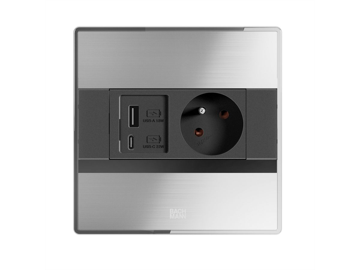 BACHMANN SENSE Edelstahl-Optik 1x UTE, 1x USB A/C L=2,0m AEH