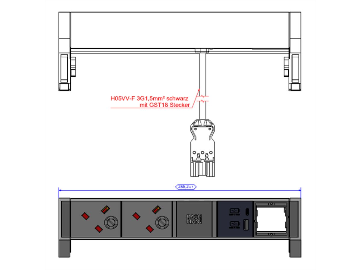 BACHMANN DESK2 2xUK 1xUSB A/C 22W 1xCM, 0,2m GST18 RAL9010 United Kingdom
