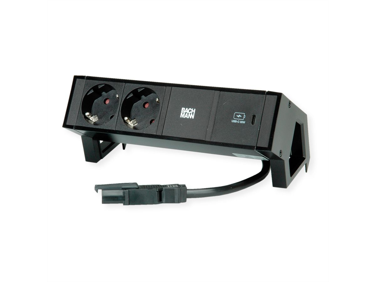 BACHMANN DESK2 2xSchutzkontakt USB C, USB Charger 30W 0,2m GST18 Schwarz