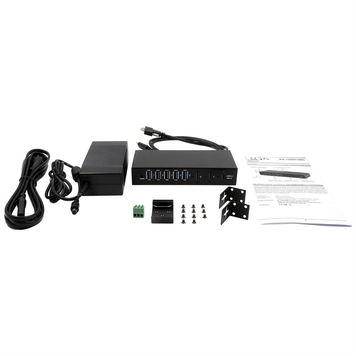 EXSYS EX-12297HMS 7 Port USB 3.2 Gen 2x1 Metall HUB, mit 2x USB-C und 5x USB-A 3.2 Gen 1 Ports