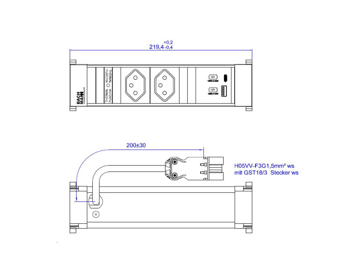 BACHMANN POWER FRAME 2xCH 0° 1xUSB A/C 22W 0,2m GST18