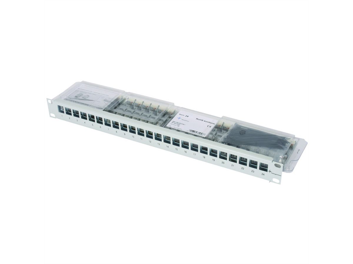 TELEGÄRTNER 19"-Modulträger 1 HE, mit 24 AMJ-S-Modulen Kat.6A (Class EA) (ISO/IEC), grau