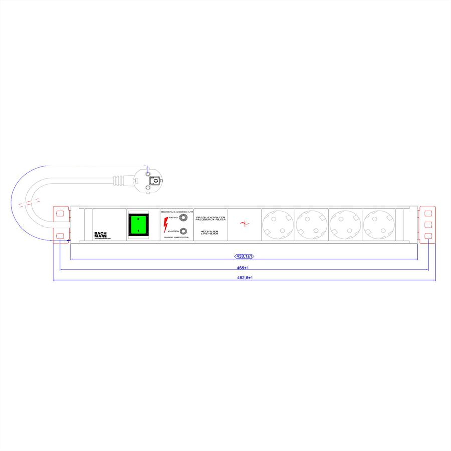 BACHMANN 19" PDU 1,5HE 4xCEE7/3 GVS, Schalter, Gerätevollschutz