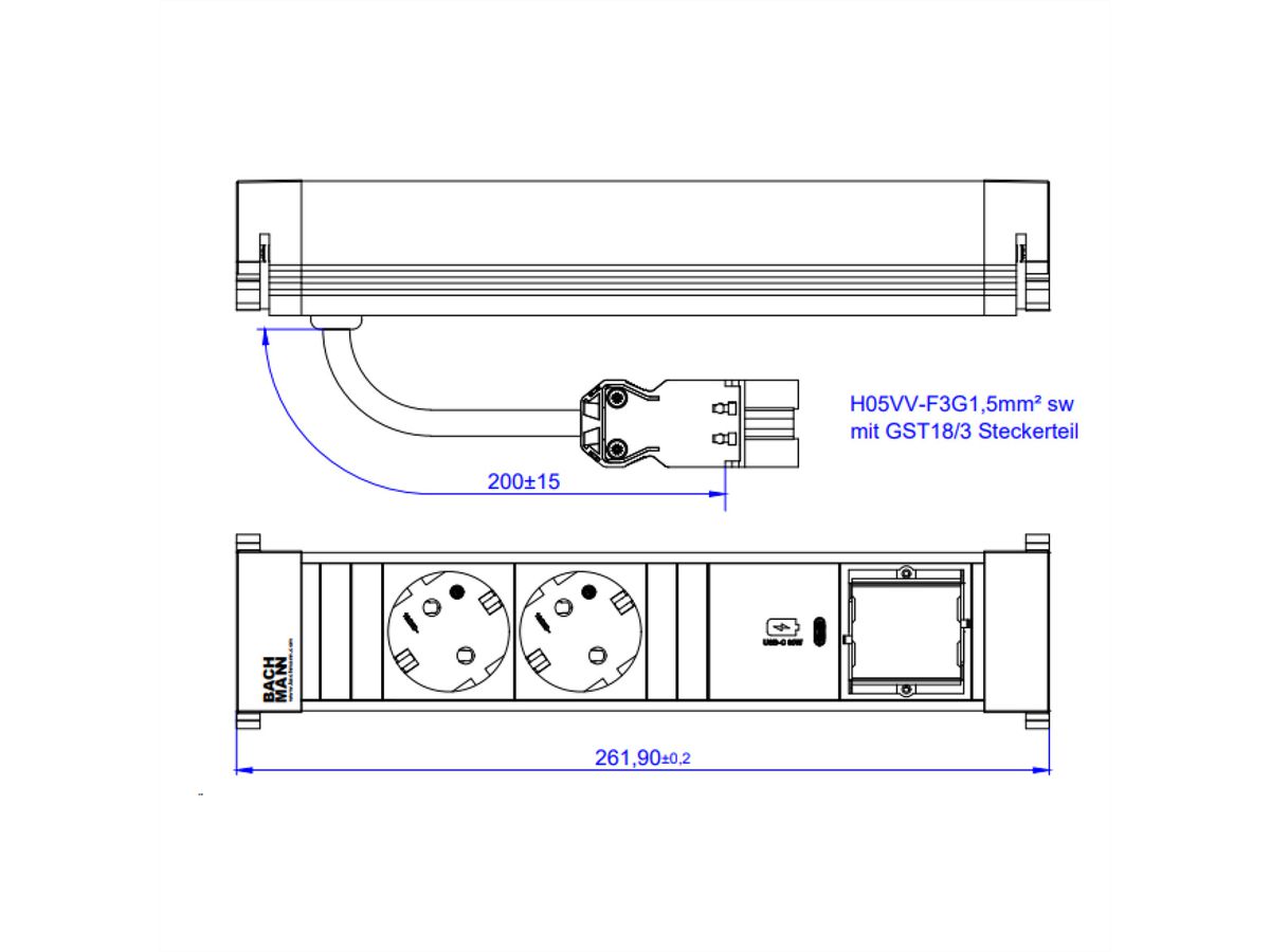 BACHMANN POWER FRAME M 2xCEE7/3, 1xUSB C 30W 1xCM 0,2m GST18