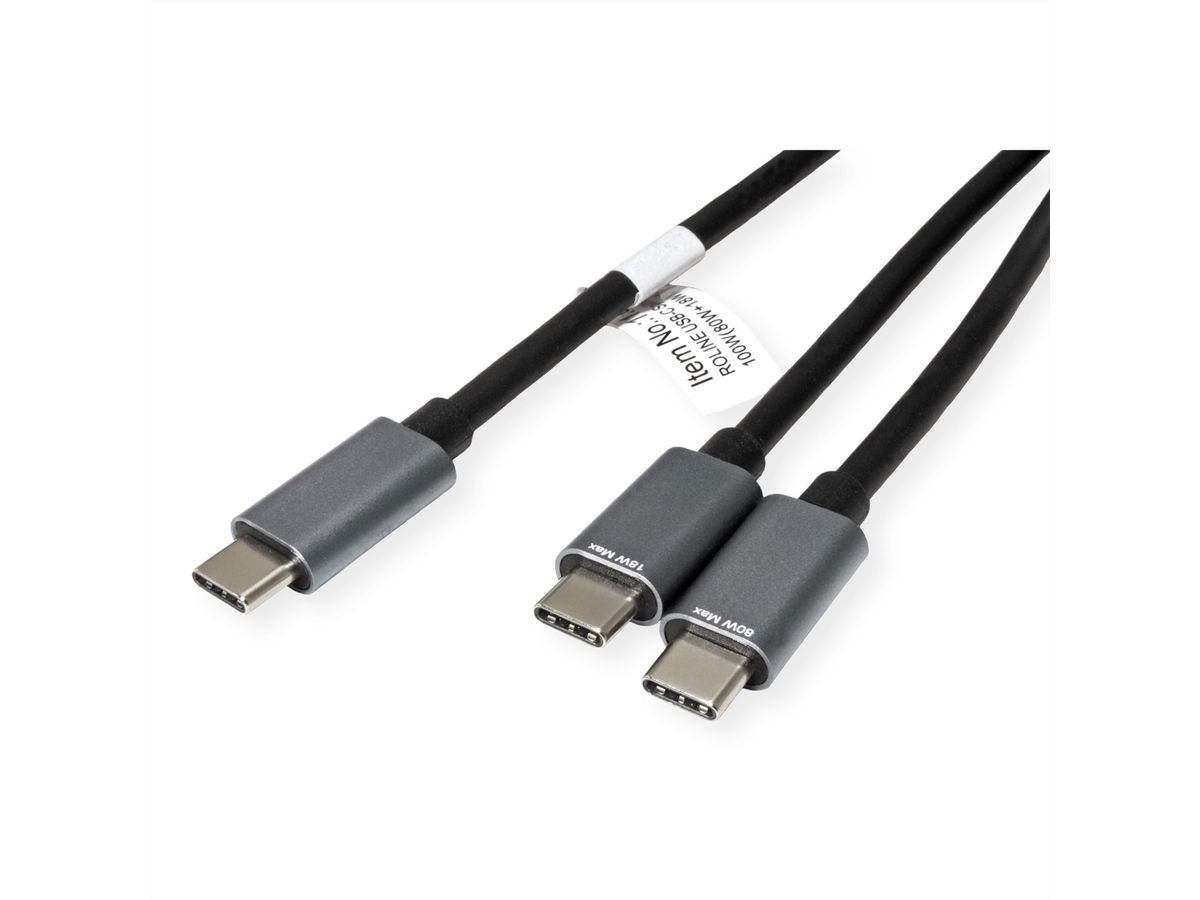 ROLINE USB Typ C Split-Ladekabel, C - 2x C, ST/ST, max. 100W, schwarz, 1,85 m