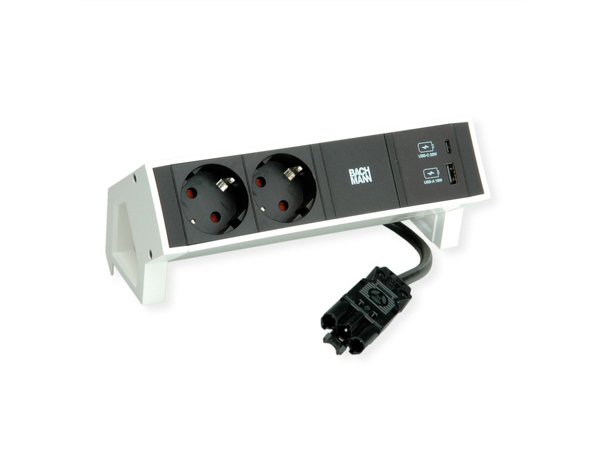 BACHMANN DESK2 2xSchutzkontakt USB A&C, USB Charger 22W 0,2m GST18 weiss