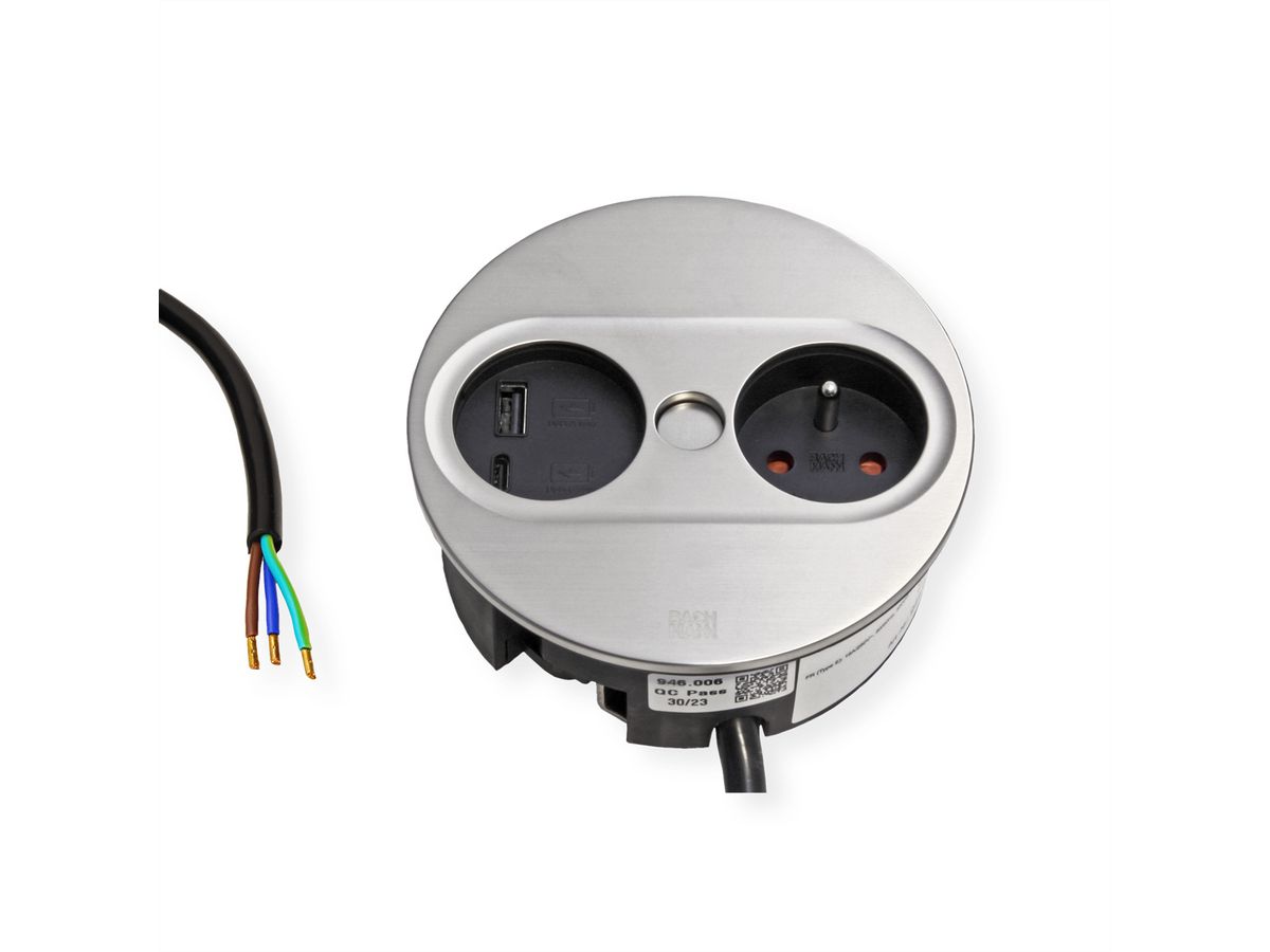 BACHMANN TWIST 2 1xUTE 1xUSB A/C 22W 2,0m AEH Edelstahl-Optik rund