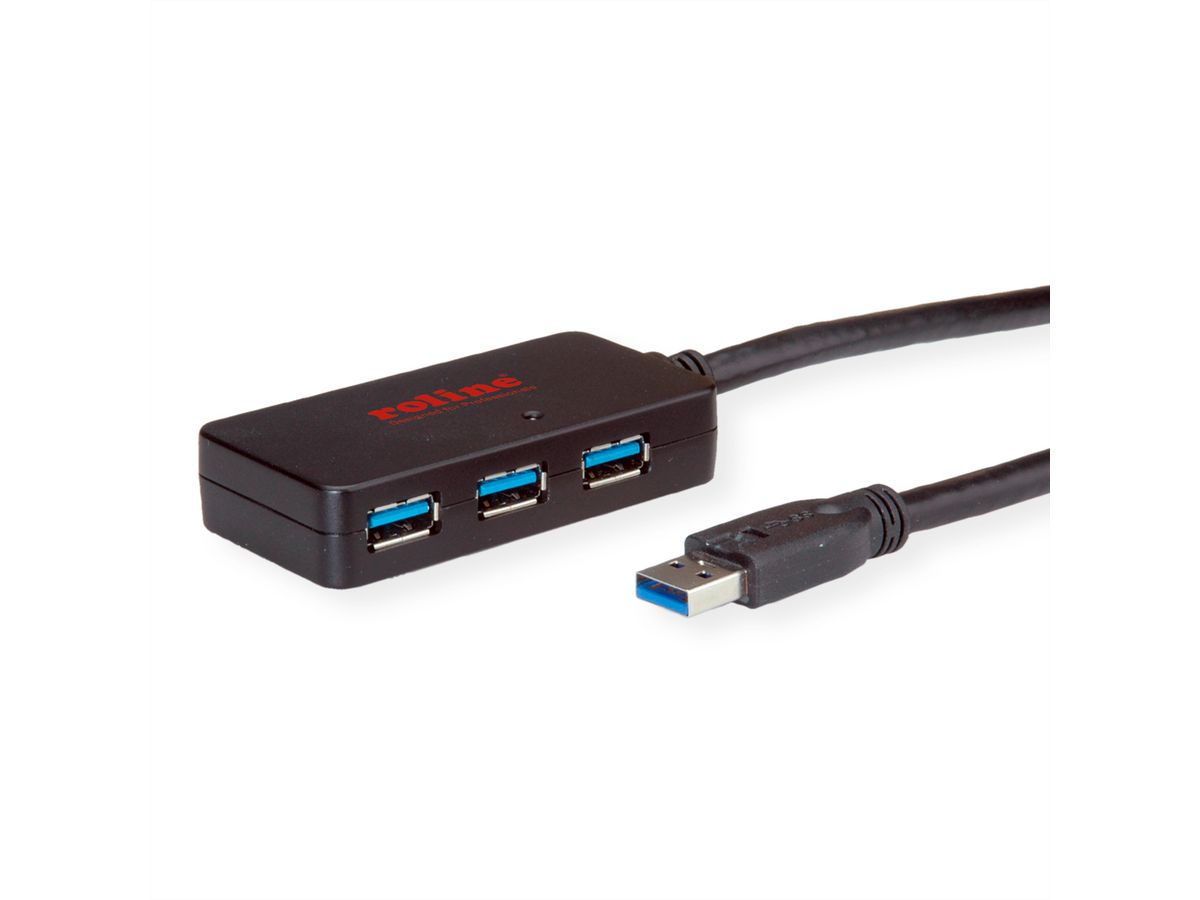 ROLINE USB 3.2 Gen 1 4-Port Hub mit Repeater, schwarz, 10 m