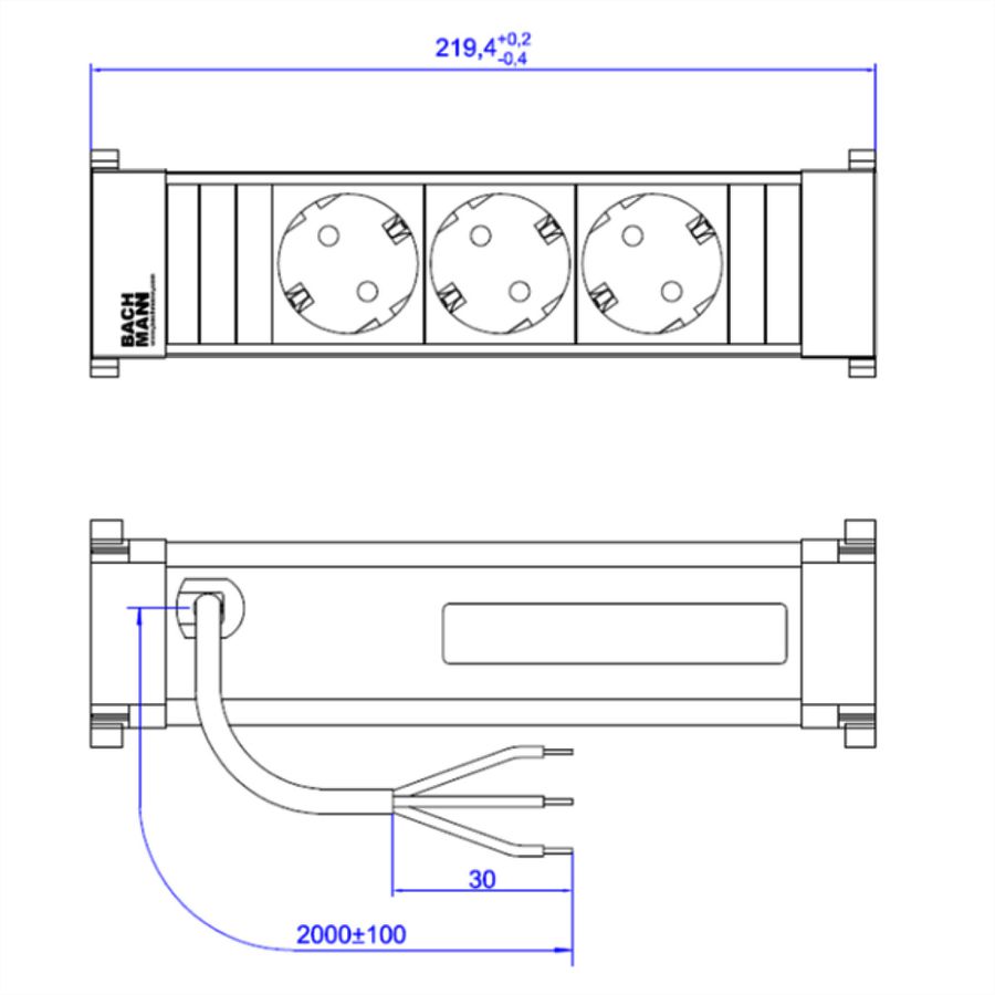 BACHMANN POWER FRAME 3xCEE7/3, Strom 2,0m AEH inkl. Montagestecker