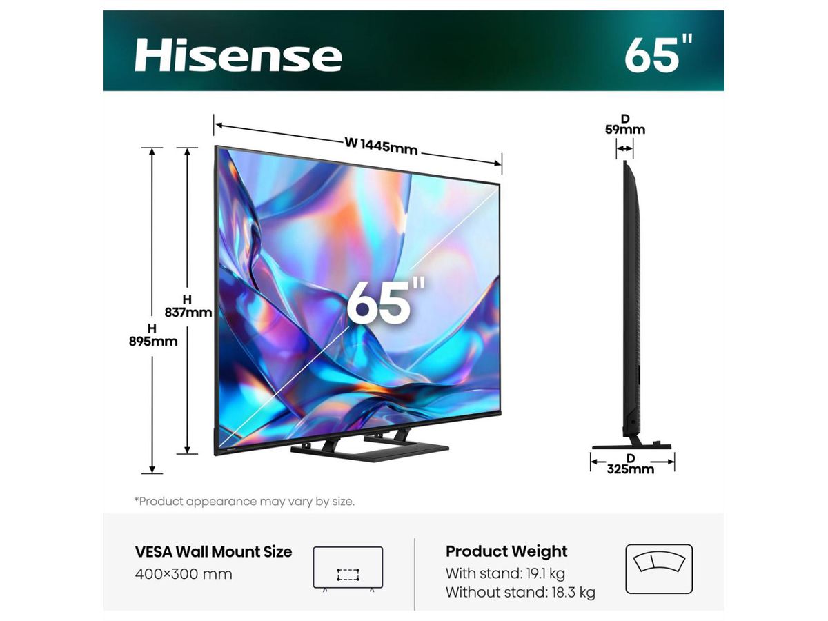 Hisense TV 65A7DS 65", QLED 4K, 60Hz, 350 Nits