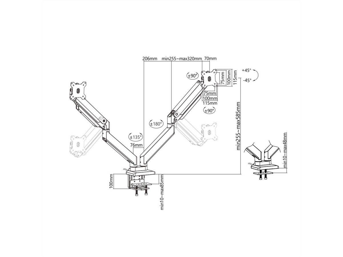 ROLINE LCD-Doppelarm, Tischmontage, Gasfeder, je 5 Gelenke, bis 2x 15 kg