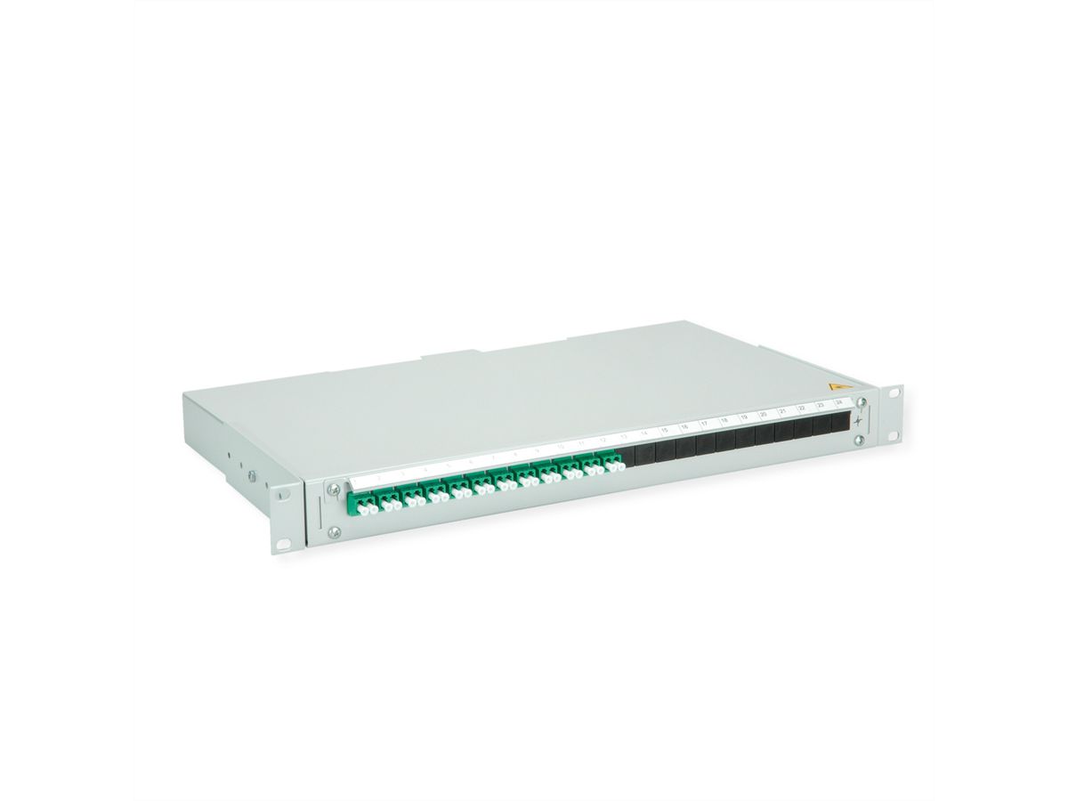 TELEGÄRTNER BASIS V LWL-Panel mit Kupplungen & Pigtails, 12x LC Duplex, grün, OS2 APC