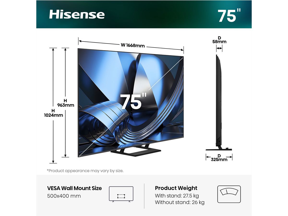 Hisense TV 75U7DSE 75", Mini-LED 4K, 144Hz, 1400 Nits