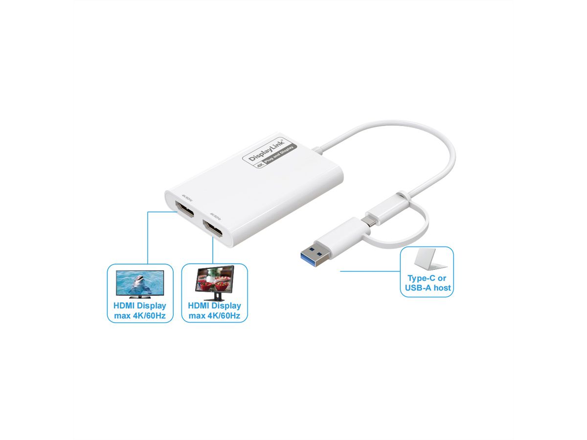 ROLINE Multi-DisplayLink Adapter USB Typ A+C - 2x HDMI, Multi-Stream 4K