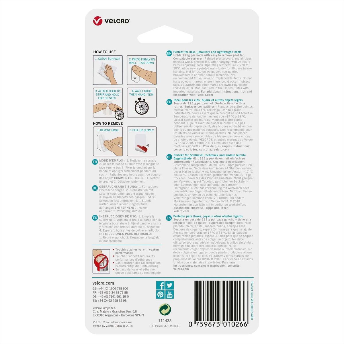 VELCRO® HANGables Mikro-Klebe-Haken 225g, 4 St. wiederablösbar, weiß