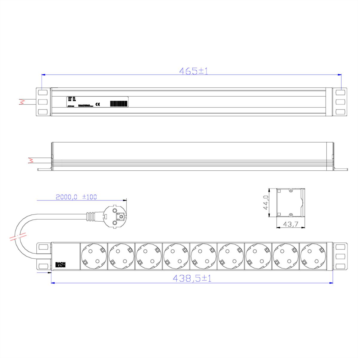 BACHMANN 19" Steckdosenleiste 9fach, ohne Schalter, silberfarben