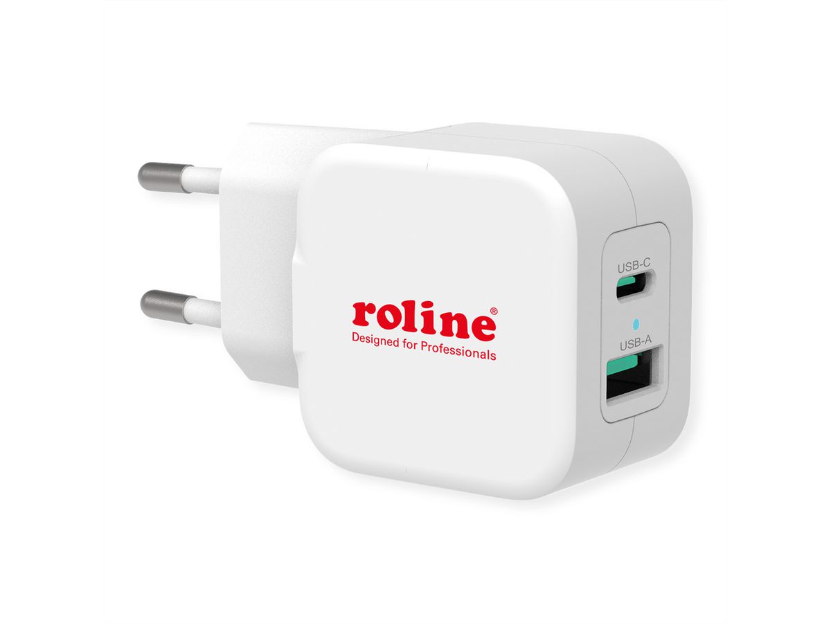 ROLINE USB Charger mit Euro-Stecker, 2 Port (Typ-A QC3.0, Typ-C PD), 20W