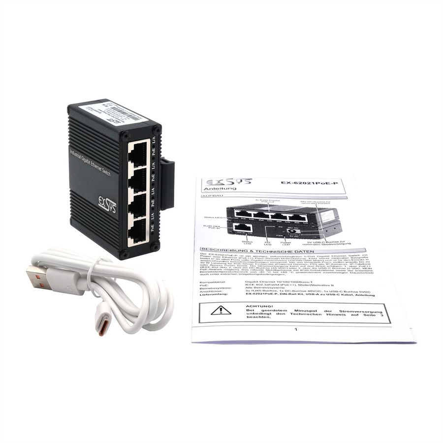 EXSYS EX-62021PoE-P 5-Port Industrial Gigabit Micro Switch mit Pass-Through, unmanaged