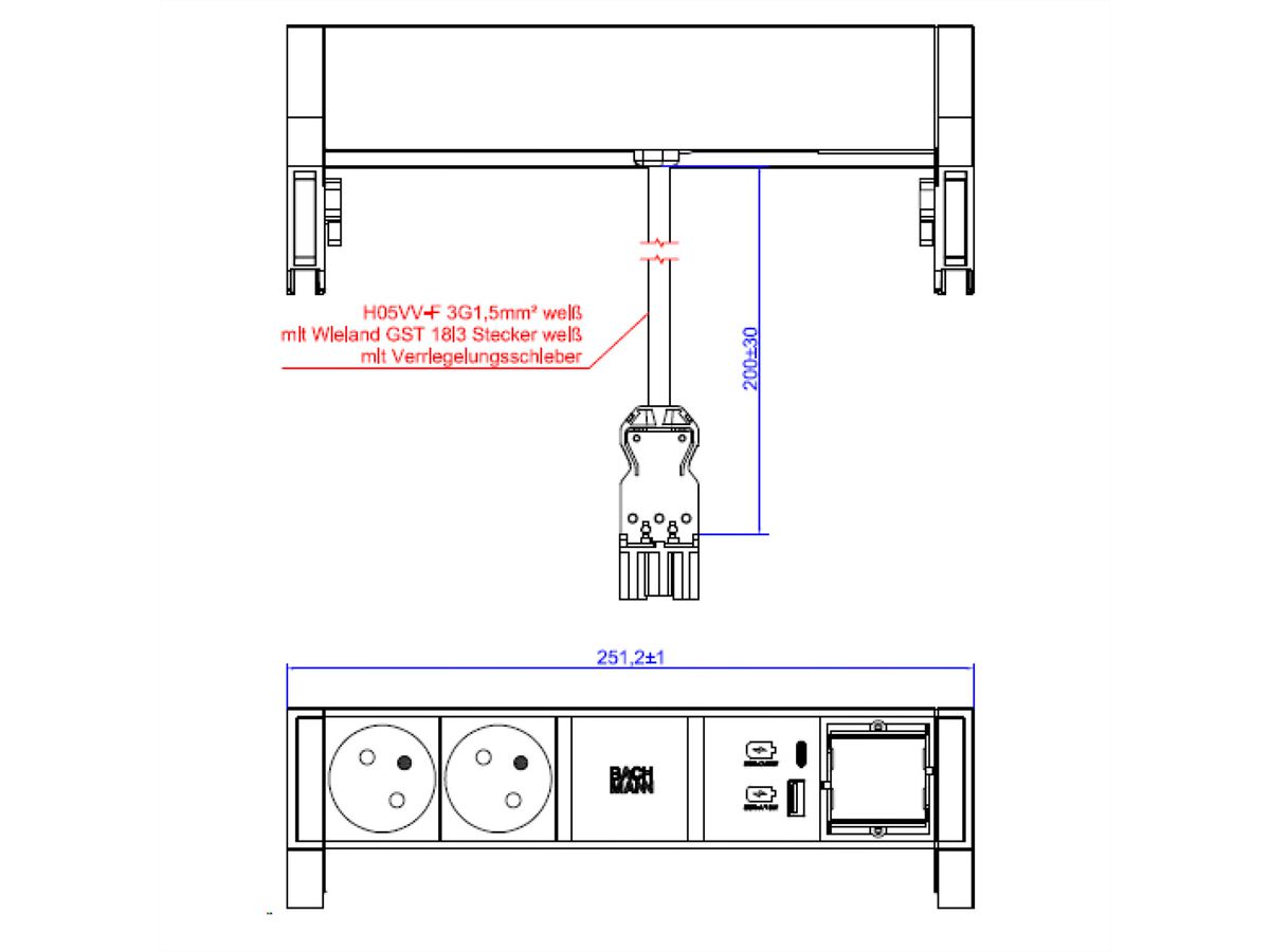 BACHMANN DESK2 white 2xUTE 1xCM 1xUSB A/C 22W 0,2m GST18
