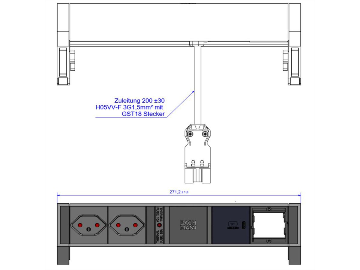 BACHMANN DESK2 2xCH 1xUSB C 30W 1xCM, 0,2m GST18 RAL9005 Schweiz