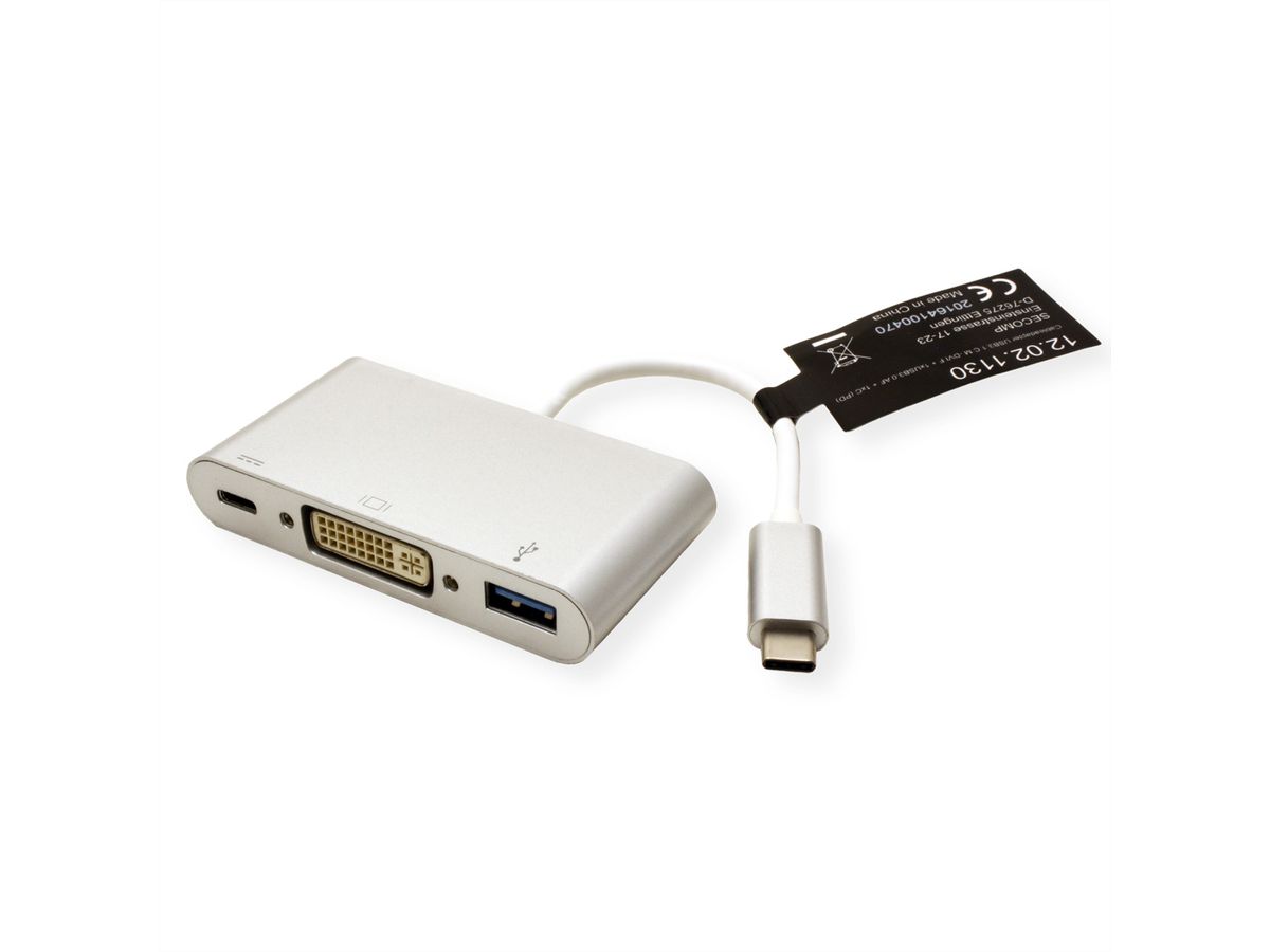 ROLINE Display Adapter USB Typ C - DVI + USB 3.2 Gen 1 Typ A + PD