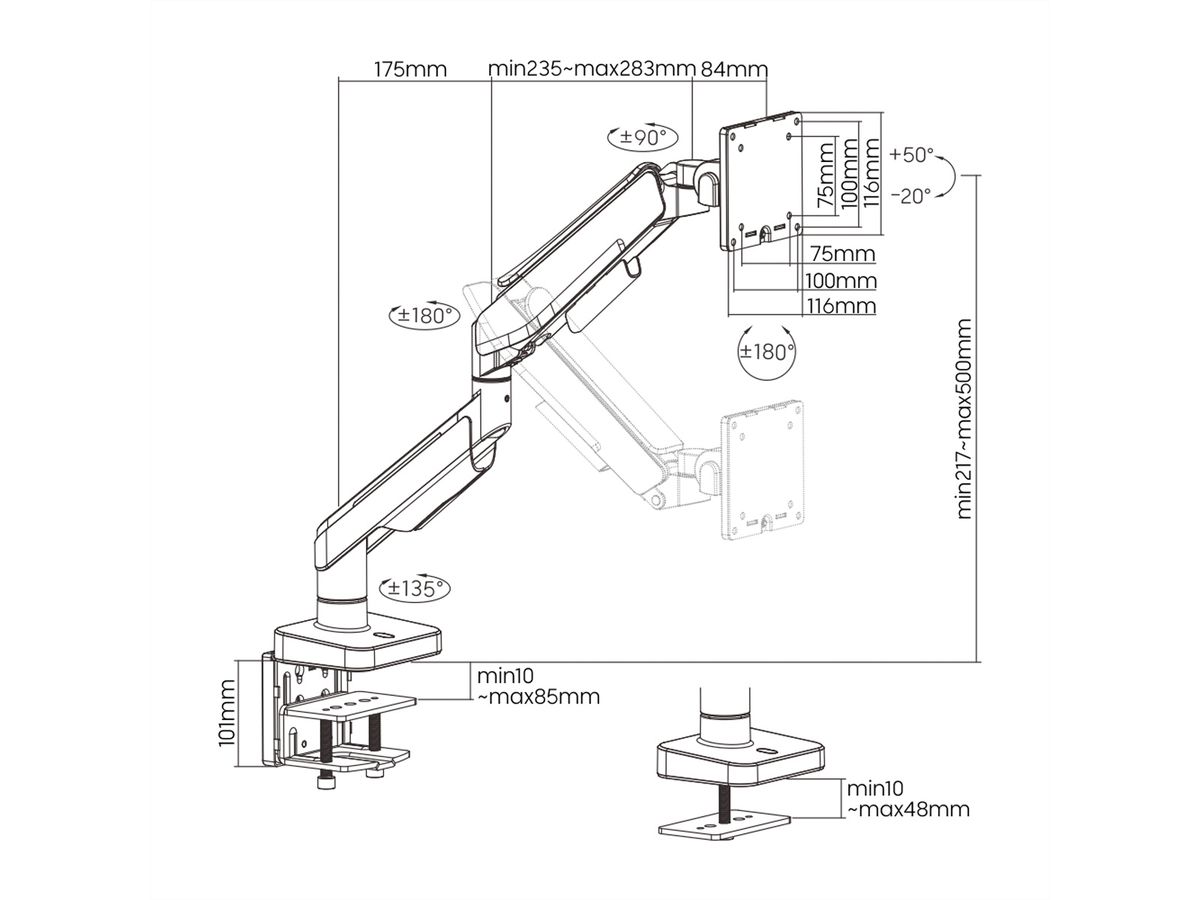ROLINE LCD-Arm, Tischmontage, Gasfeder, 5 Gelenke, 17-49 Zoll, bis 20 kg