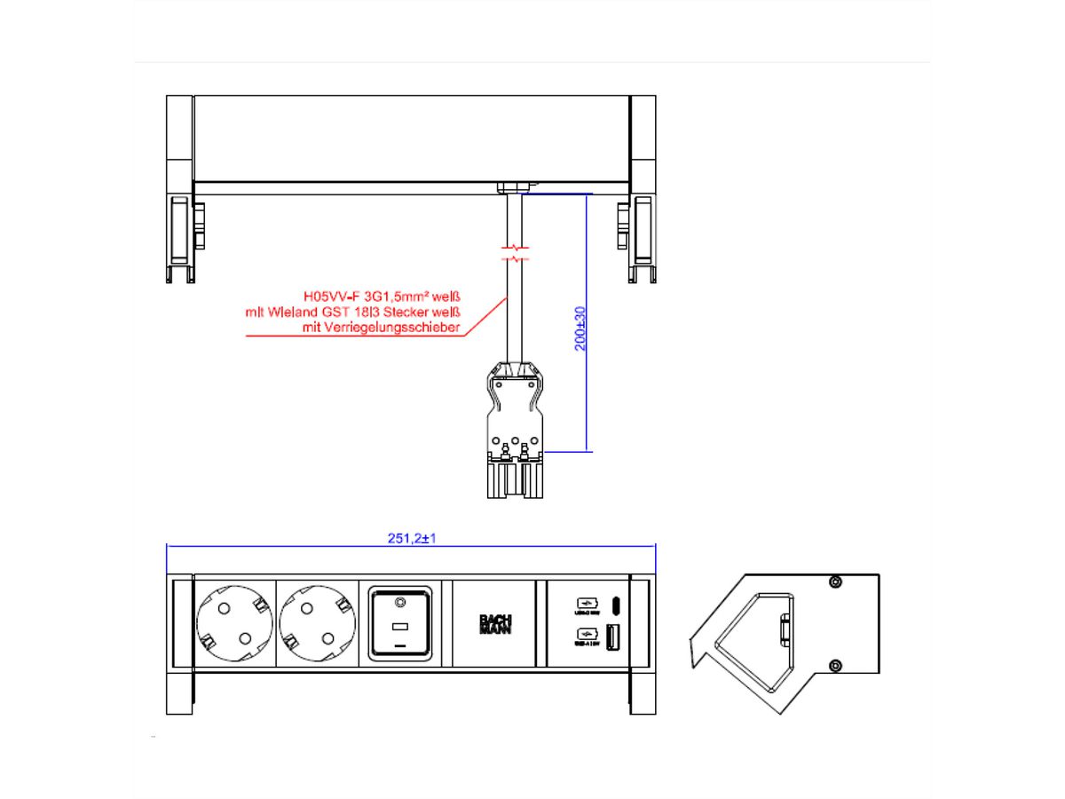 BACHMANN DESK2 white 2xCEE7/3 1xUSB A/C 22W 0,2m GST18