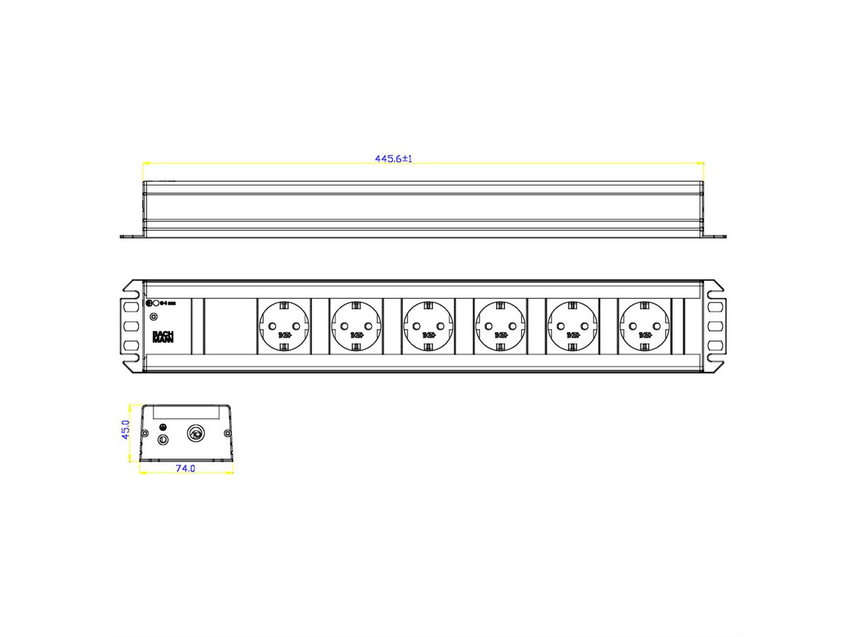 BACHMANN Handwerkerleiste 6x Schutzkontakt, 19-Zoll-Rack kompatibel, 2 m