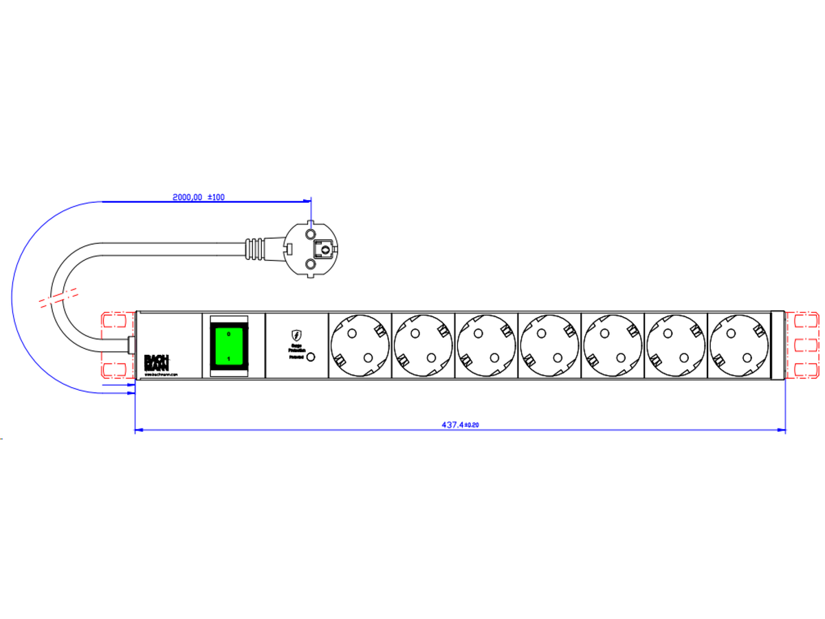 BACHMANN 19" 1HE 7xCEE7/3 1xSPD-Plus 1xSchalter 2,0m CEE7/7