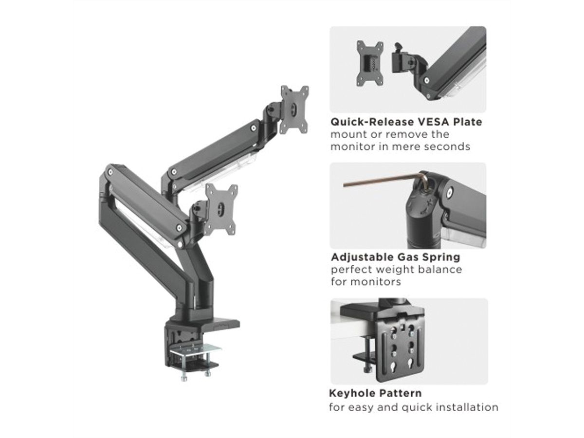 ROLINE LCD-Doppelarm, Tischmontage, Gasfeder, je 5 Gelenke, , bis 2x 15 kg, bis 35"