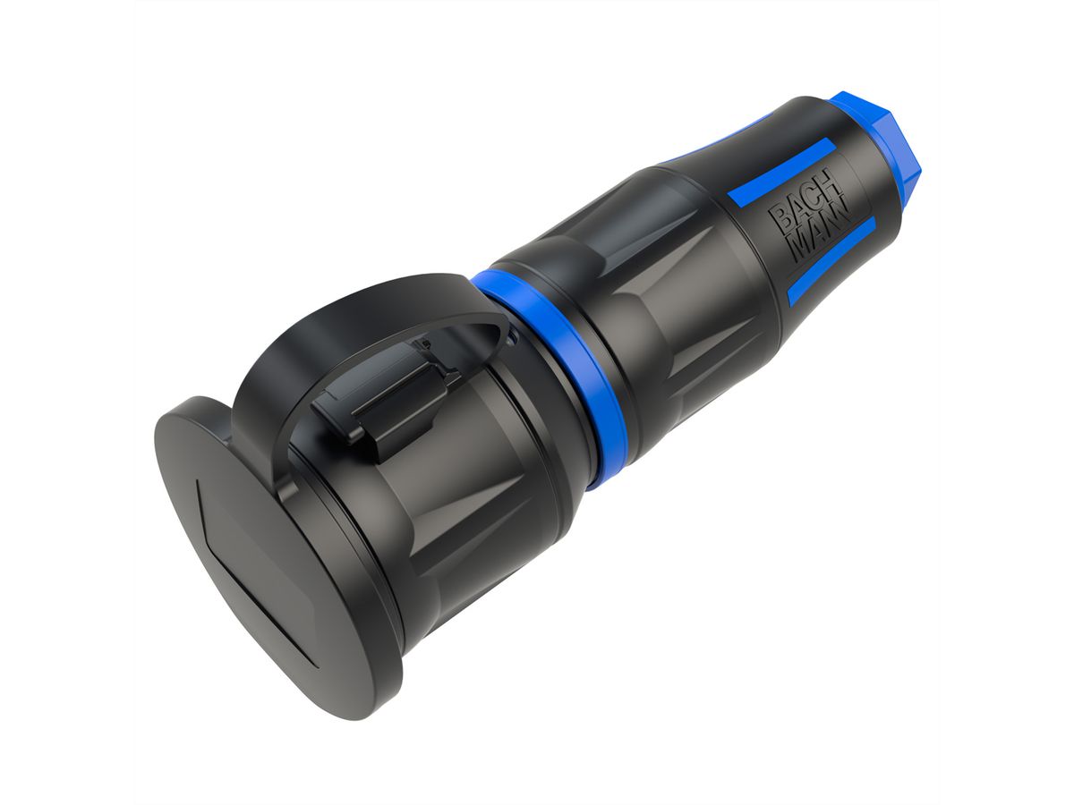 BACHMANN Profi-Schutzkontaktkupplung CEE7/3, Deckelband, gummiert, Power-LED, IP54, schwarz / blau