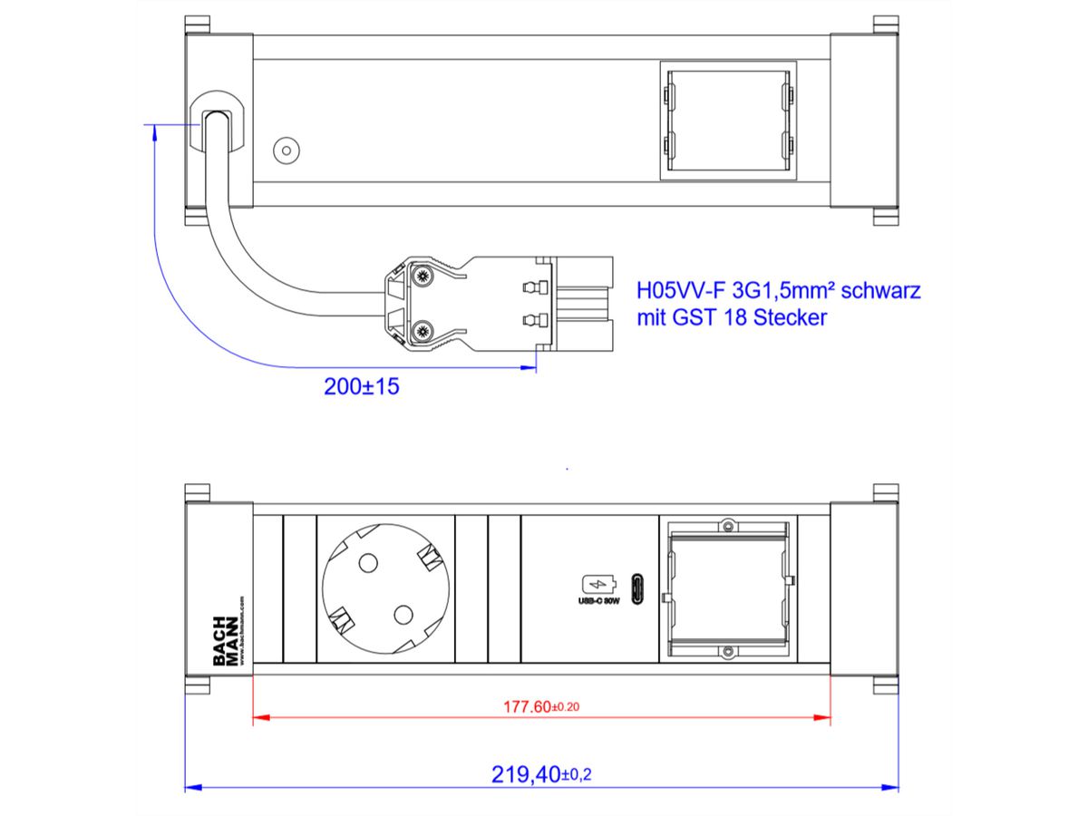 BACHMANN POWER FRAME 1xCEE7/3, 1xUSB C 30W 1xCM 0,2m GST18