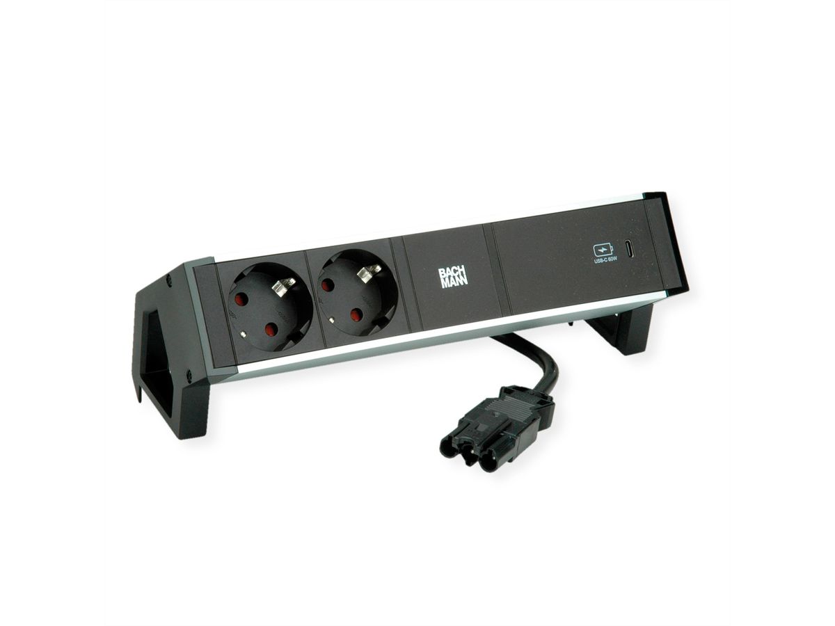 BACHMANN DESK2 ALU BLACK 2xSchutzkt.USBC, USB Charger 60W 0,2m GST18