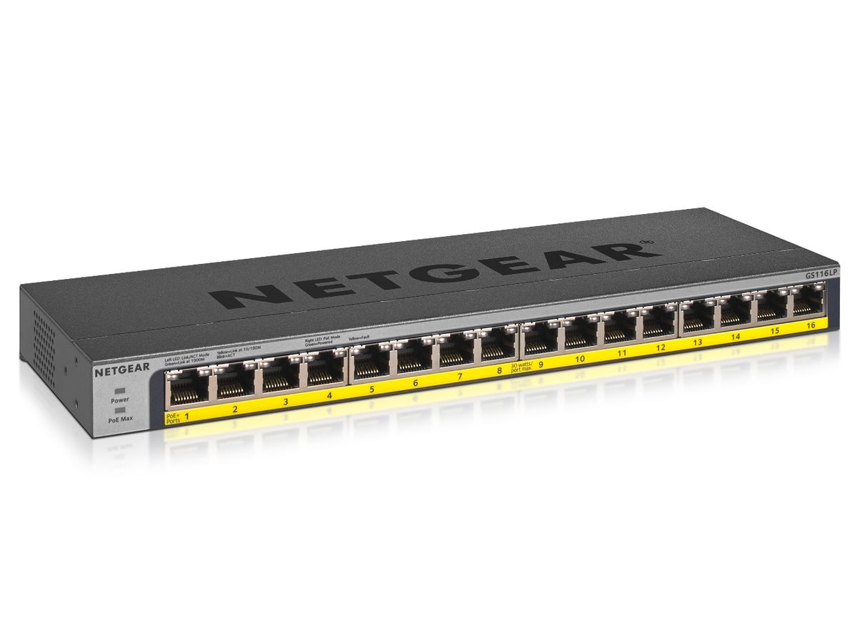 Netgear GS116LP Unmanaged Gigabit Ethernet (10/100/1000) Schwarz Power over Ethernet (PoE)