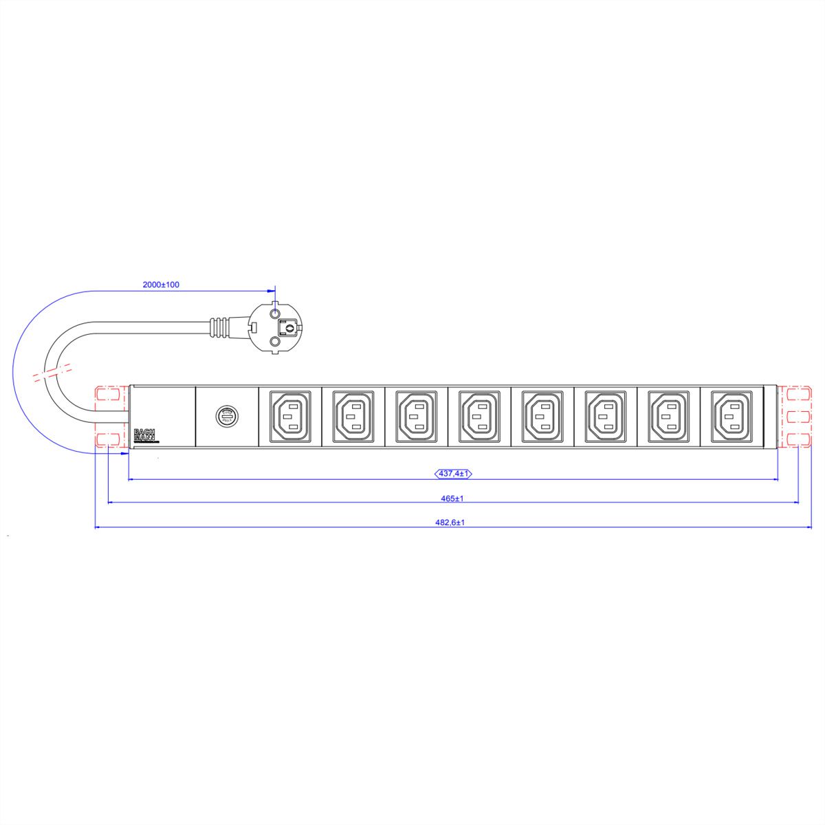 BACHMANN 19" Steckdosenleiste 8x C13 Buchsen, mit Schutzkontakt-Stecker, 10A Sicherung