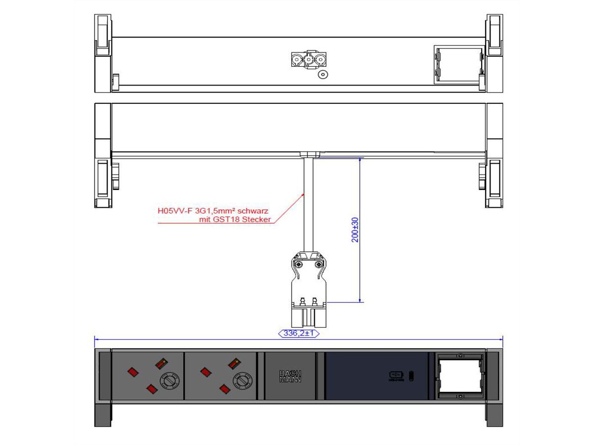 BACHMANN DESK2 2xUK 1xUSB C 60W 1xCM, 0,2m GST18 RAL9010 United Kingdom