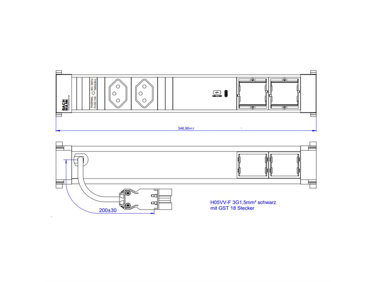 BACHMANN POWER FRAME L 2xCH, 1xUSB C 60W 2xCM 0,2mGST18 Schweiz