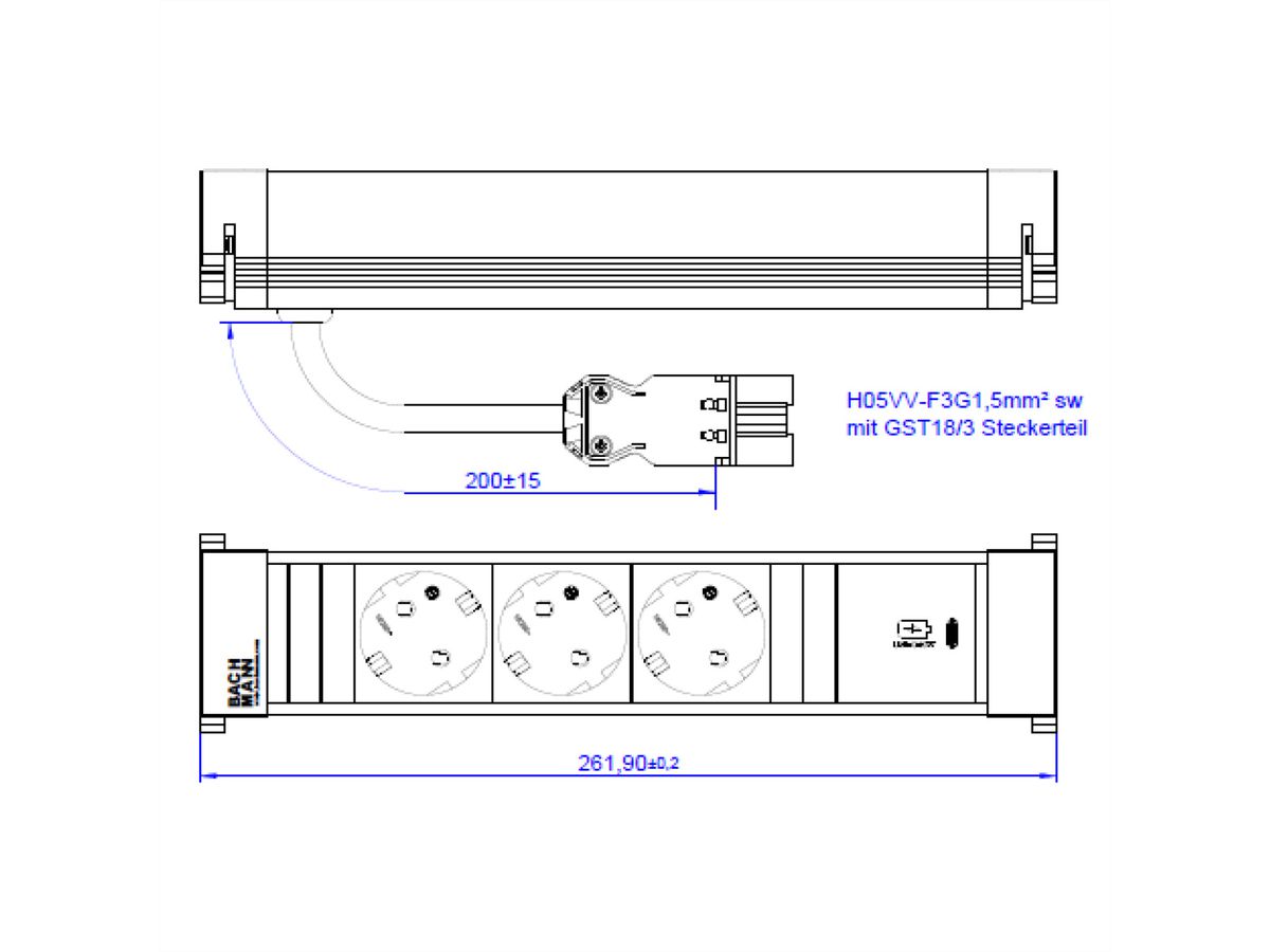 BACHMANN POWER FRAME M 3xCEE7/3, 1xUSB C 30W 0,2m GST18